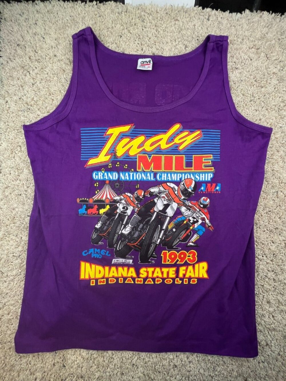 Vintage Single Stitch Sleeveless Tee Anvil Red Tag AOP “indy Mile” 1993 XL PRPL